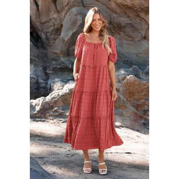 PRETTYGARDEN Women's Summer Maxi Dress Short Sleeve Square Neck Ruffle Tiered Flowy Casual Boho Long Dresses with Pockets