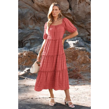 PRETTYGARDEN Women's Summer Maxi Dress Short Sleeve Square Neck Ruffle Tiered Flowy Casual Boho Long Dresses with Pockets