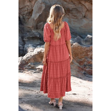 PRETTYGARDEN Women's Summer Maxi Dress Short Sleeve Square Neck Ruffle Tiered Flowy Casual Boho Long Dresses with Pockets