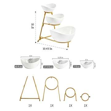 LYEOBOH 3 Tier Serving Bowls Set Tiered Serving Stand, Porcelain Oval Bowls with Collapsible Metal S...