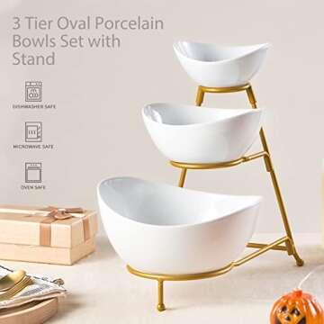 LYEOBOH 3 Tier Serving Bowls Set Tiered Serving Stand, Porcelain Oval Bowls with Collapsible Metal Stand for Entertaining, Party, Dessert Display, Candy, Chip and Dip (Gold)