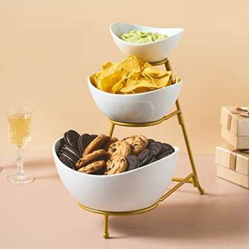 LYEOBOH 3 Tier Serving Bowls Set Tiered Serving Stand, Porcelain Oval Bowls with Collapsible Metal Stand for Entertaining, Party, Dessert Display, Candy, Chip and Dip (Gold)