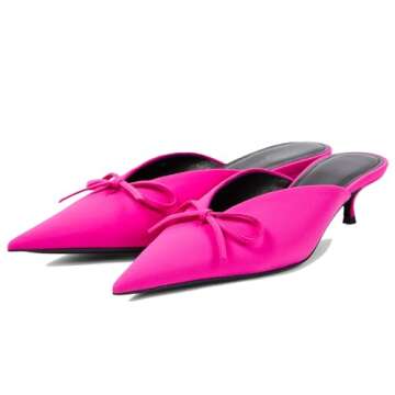 THESHY Women's Pointed Toe Kitten Low Heel Bow Mules - Elegant Backless Leather Pumps