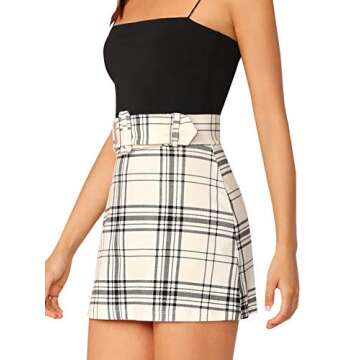 Floerns Women's Plaid Skirt High Waist Belted Bodycon Mini Skirt Black and White S