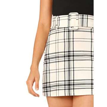 Floerns Women's Plaid Skirt High Waist Belted Bodycon Mini Skirt Black and White S