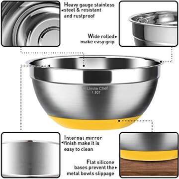 Umite Chef Stainless Steel Mixing Bowls Set of 6, Non Slip Colorful Silicone Bottom Nesting Storage ...