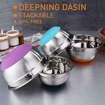 Umite Chef Stainless Steel Mixing Bowls Set of 6, Non Slip Colorful Silicone Bottom Nesting Storage Bowls, Polished Mirror Finish For Healthy Meal Mixing and Beating (1,1.5, 2.0, 2.5, 3.5, 7 QT)