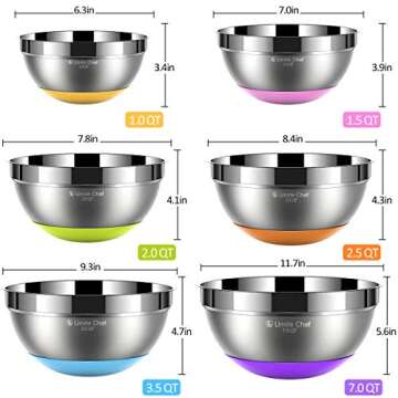 Umite Chef Stainless Steel Mixing Bowls Set of 6, Non Slip Colorful Silicone Bottom Nesting Storage Bowls, Polished Mirror Finish For Healthy Meal Mixing and Beating (1,1.5, 2.0, 2.5, 3.5, 7 QT)