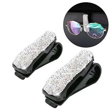 Moly Magnolia 2 PCS Glasses Holders for Car Sun Visor, Fashion Bling Crystal Rhinestones Car Eyeglasses Sunglasses Hanger Mount with Ticket Card Clip for Women Girls (Silver)