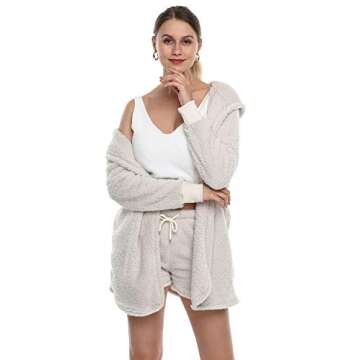 Womens Sexy Fuzzy Warm Sherpa Fleece 3 Piece Outfit Fleece Coat Jacket Outwear and Spaghetti Strap Crop Top Shorts Set (White, S)