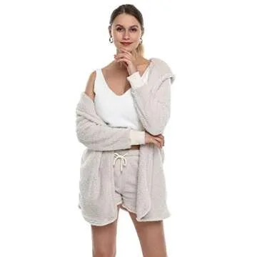 Womens Sexy Fuzzy Warm Sherpa Fleece 3 Piece Outfit Fleece Coat Jacket Outwear and Spaghetti Strap Crop Top Shorts Set (White, S)