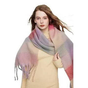 Yatemiole Women's Cashmere Big Coloured Checked Scarf Winter Warm Wrap Scarf (Pattern - 1)