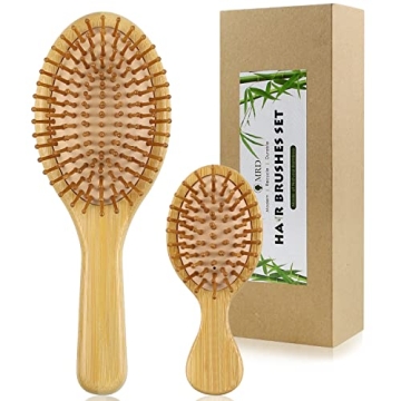 2Pcs Hair Brush, Natural Bamboo Hair brushes Set With Paddle Detangling Wooden Hairbrush and Mini Tr...