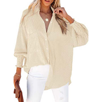 Women's Smocked Cuffed Striped Boyfriend Shirt Casual Collar Long Sleeve Button Down Blouse Tops wit...
