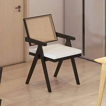QEIUZON Modern Rattan Dining Chairs Set of 2, Upholstered Accent Chair with Rattan Back and Solid Wo...