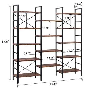 SUPERJARE Triple 5 Tier Bookshelf, Bookcase with 14 Open Display Shelves, Ladder Bookshelf, Wide Book Shelf Book Case with Steel Frame, Wood Board, for Home & Office, Dark Brown