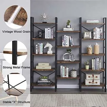 SUPERJARE Triple 5 Tier Bookshelf, Bookcase with 14 Open Display Shelves, Ladder Bookshelf, Wide Book Shelf Book Case with Steel Frame, Wood Board, for Home & Office, Dark Brown