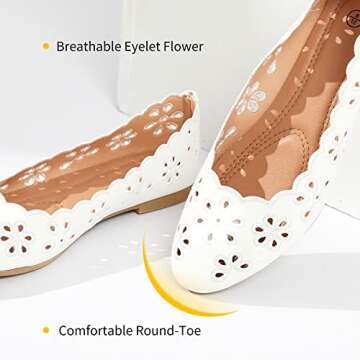 FRACORA Women's Ballet Flats Black PU Leather Dress Shoes Comfortable Round Toe Slip on Flats with Breathable Eyelets(White.US9)