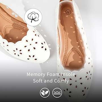 FRACORA Women's Ballet Flats Black PU Leather Dress Shoes Comfortable Round Toe Slip on Flats with Breathable Eyelets(White.US9)