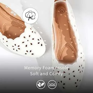 FRACORA Women's Ballet Flats Black PU Leather Dress Shoes Comfortable Round Toe Slip on Flats with Breathable Eyelets(White.US9)