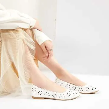 FRACORA Women's Ballet Flats Black PU Leather Dress Shoes Comfortable Round Toe Slip on Flats with Breathable Eyelets(White.US9)