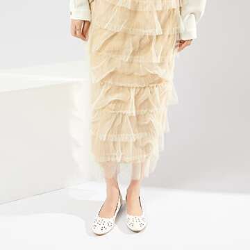 FRACORA Women's Ballet Flats Black PU Leather Dress Shoes Comfortable Round Toe Slip on Flats with Breathable Eyelets(White.US9)