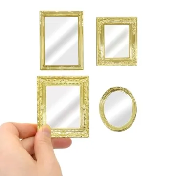 iLAND Mini Mirrors, Dollhouse Accessories on 1:12 Scale, Miniature Framed Glass Mirror (Bright Golde...