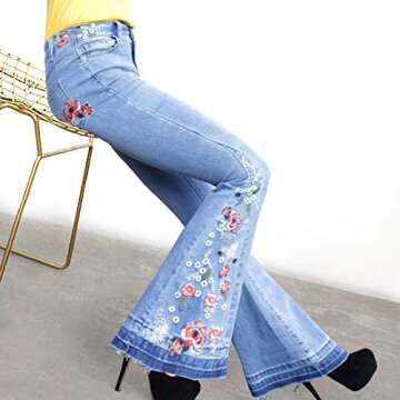 CHARTOU Womens Chic Floral Embroidered High-Rise Bell Bottom Flare Jeans Broad Feet Long Denim Pants...