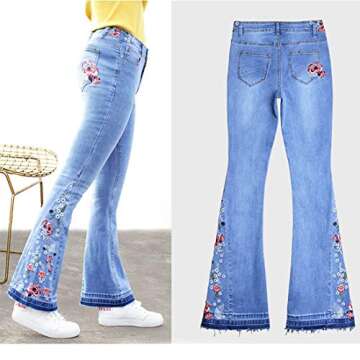 CHARTOU Womens Chic Floral Embroidered High-Rise Bell Bottom Flare Jeans Broad Feet Long Denim Pants (Blue, Small)