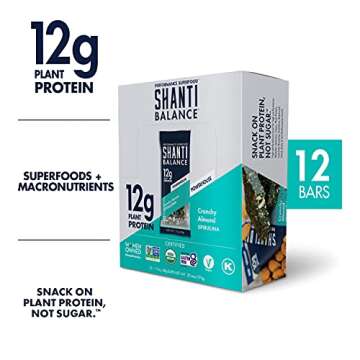 SHANTI BAR Vegan Organic Superfood Protein Bar | 10g Plant Based Protein | Raw Paleo Gluten Free Snack Bars | Performance Nutrition | Crunchy Almond Spirulina, 1.7 Ounce (12 Count)