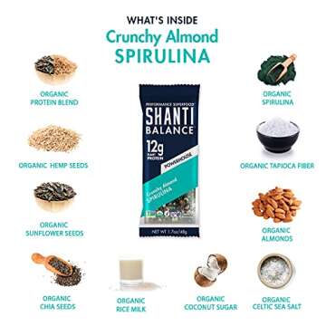 SHANTI BAR Vegan Organic Superfood Protein Bar | 10g Plant Based Protein | Raw Paleo Gluten Free Snack Bars | Performance Nutrition | Crunchy Almond Spirulina, 1.7 Ounce (12 Count)