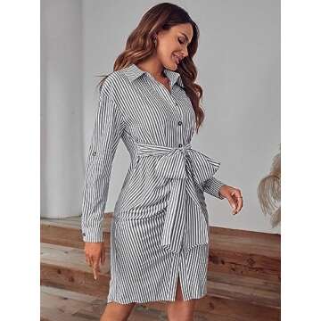 Shop Striped Print Roll Tab Sleeve Belted Shirt Dress