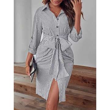 Shop Striped Print Roll Tab Sleeve Belted Shirt Dress