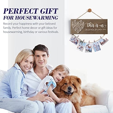 Housewarming Gifts New Home Wall Decor Sign, This Is Us Family Picture Frame Wedding Gifts for Couples Farmhouse Rustic Wood Hanging Photo Holder, Gift for New Homeowner