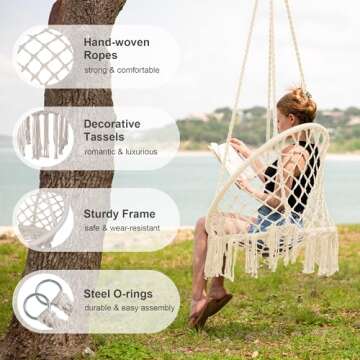 SUNCREAT Hammock Chair Macrame Swing with Side Pocket, Hanging Cotton Rope Hammock Swing Chair for Indoor and Outdoor Use, 330 lbs Capacity, Beige