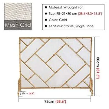 Fire Guard for Fireplace Single Panel Fireplace Large Flat Fire Spark Guard for Fire Pit Open Fires Protect with Modern Line Decor Metal Mesh 38.6×8.3×31.5" (Gold)