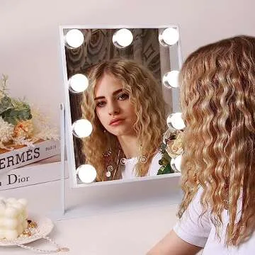 COOLJEEN Vanity Mirror with Lights, 9 Led Bulbs Lighted Makeup Mirror with Detachable 10X Magnification Mirror, Hollywood Mirror 3 Color Lights Tabletop Makeup Mirror, 360°Rotation