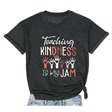 MYHALF Teacher Shirts Women Teaching Kindness T-Shirt Back to School Shirt Inspirational Short Sleeve Tops Dark Gray