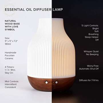 Essential Oil Diffuser Lamp, White Ceramic + Brown Wood, Ultrasonic 180ml Whispersoft, 4 Timers | 5 ...