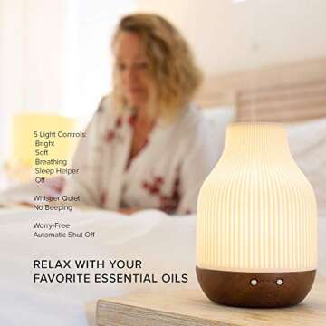 Essential Oil Diffuser Lamp, White Ceramic + Brown Wood, Ultrasonic 180ml Whispersoft, 4 Timers | 5 Light Settings, Auto Shut Off, Home + Office, Humidifier Air Purifier Aromatherapy