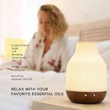 Essential Oil Diffuser Lamp, White Ceramic + Brown Wood, Ultrasonic 180ml Whispersoft, 4 Timers | 5 Light Settings, Auto Shut Off, Home + Office, Humidifier Air Purifier Aromatherapy