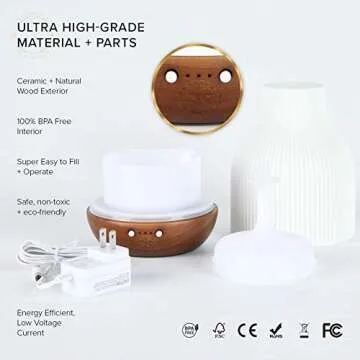 Essential Oil Diffuser Lamp, White Ceramic + Brown Wood, Ultrasonic 180ml Whispersoft, 4 Timers | 5 Light Settings, Auto Shut Off, Home + Office, Humidifier Air Purifier Aromatherapy