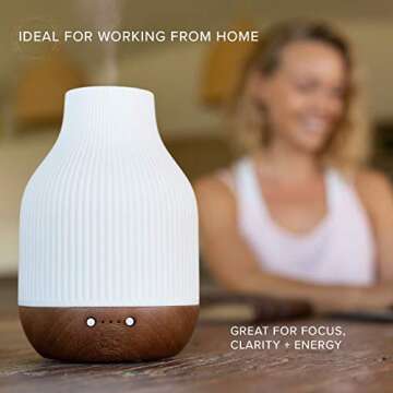 Essential Oil Diffuser Lamp, White Ceramic + Brown Wood, Ultrasonic 180ml Whispersoft, 4 Timers | 5 Light Settings, Auto Shut Off, Home + Office, Humidifier Air Purifier Aromatherapy