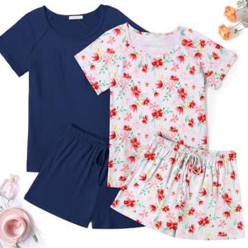 Ekouaer 2 Pack Pajamas Womens Short Sleeve Sleepwear Soft Crew Neck Pj Shorts Set Printed Loungewear...