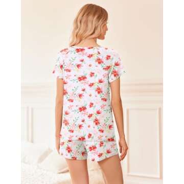 Ekouaer 2 Pack Pajamas Womens Short Sleeve Sleepwear Soft Crew Neck Pj Shorts Set Printed Loungewear Set with Pockets White Floral Print Navy,Large