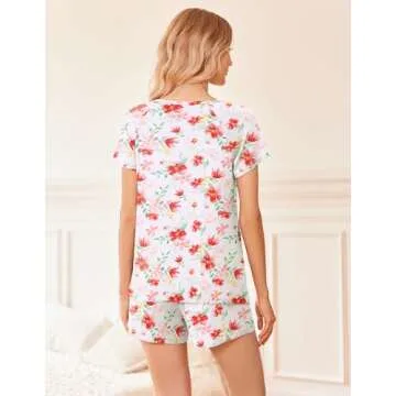 Ekouaer 2 Pack Pajamas Womens Short Sleeve Sleepwear Soft Crew Neck Pj Shorts Set Printed Loungewear Set with Pockets White Floral Print Navy,Large