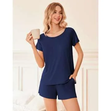 Ekouaer 2 Pack Pajamas Womens Short Sleeve Sleepwear Soft Crew Neck Pj Shorts Set Printed Loungewear Set with Pockets White Floral Print Navy,Large