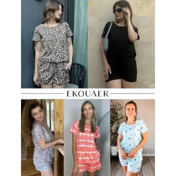 Ekouaer 2 Pack Pajamas Womens Short Sleeve Sleepwear Soft Crew Neck Pj Shorts Set Printed Loungewear Set with Pockets White Floral Print Navy,Large