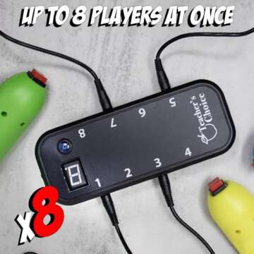 Teacher's Choice 8 Color Handheld Buzzer Game System - Console Displays First Buzz-in - Great for Jeopardy, Family Feud, Trivia and Buzzer Games - Controller with 8 Joystick Buzzers, 8 Unique Sounds