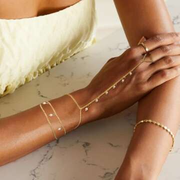 ABPBA 2 Pcs Hand Chain Bracelet Ring Bracelet Hand Chain Layered 14K Gold Plated Hand Chain Dainty P...